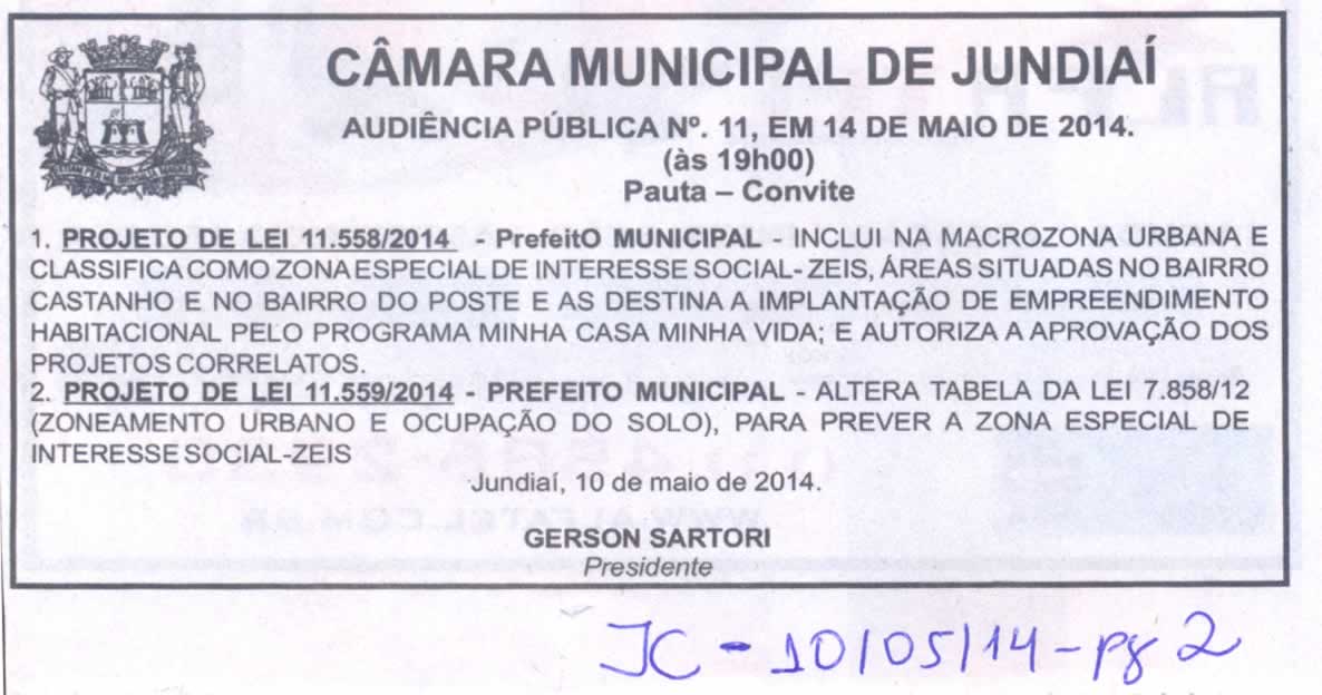 JC - 10/05/14 - pg 2 - Audiência Pública nº 11 da Câmara Municipal de Jundiaí -