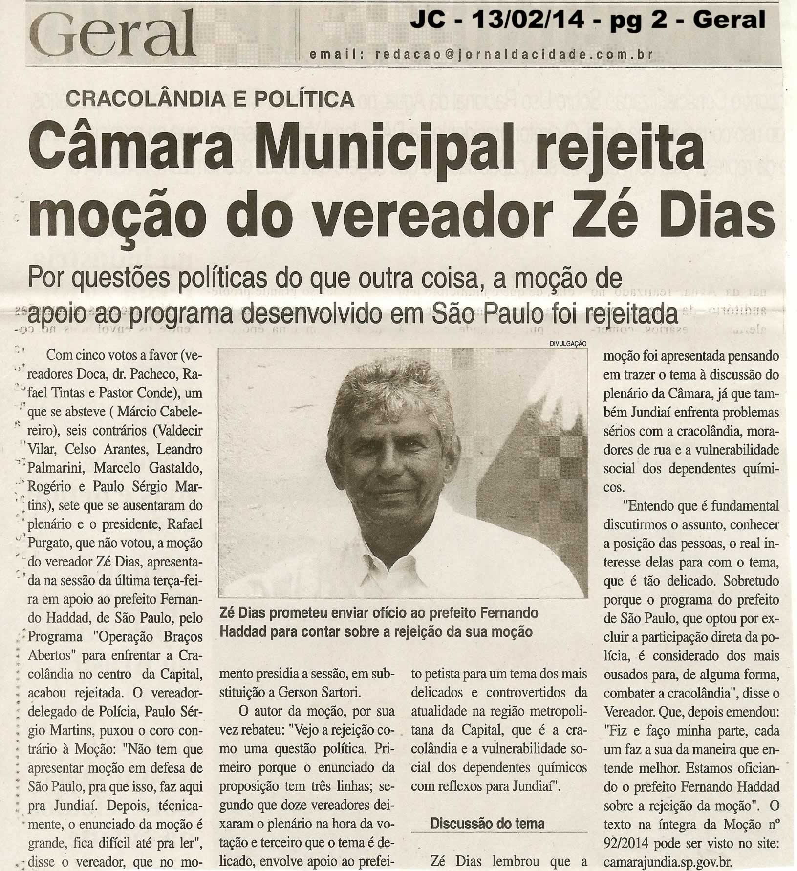 JC - 13/02/14 - pg 2 - Geral - Câmara Municipal rejeita moção do vereador José Dias -