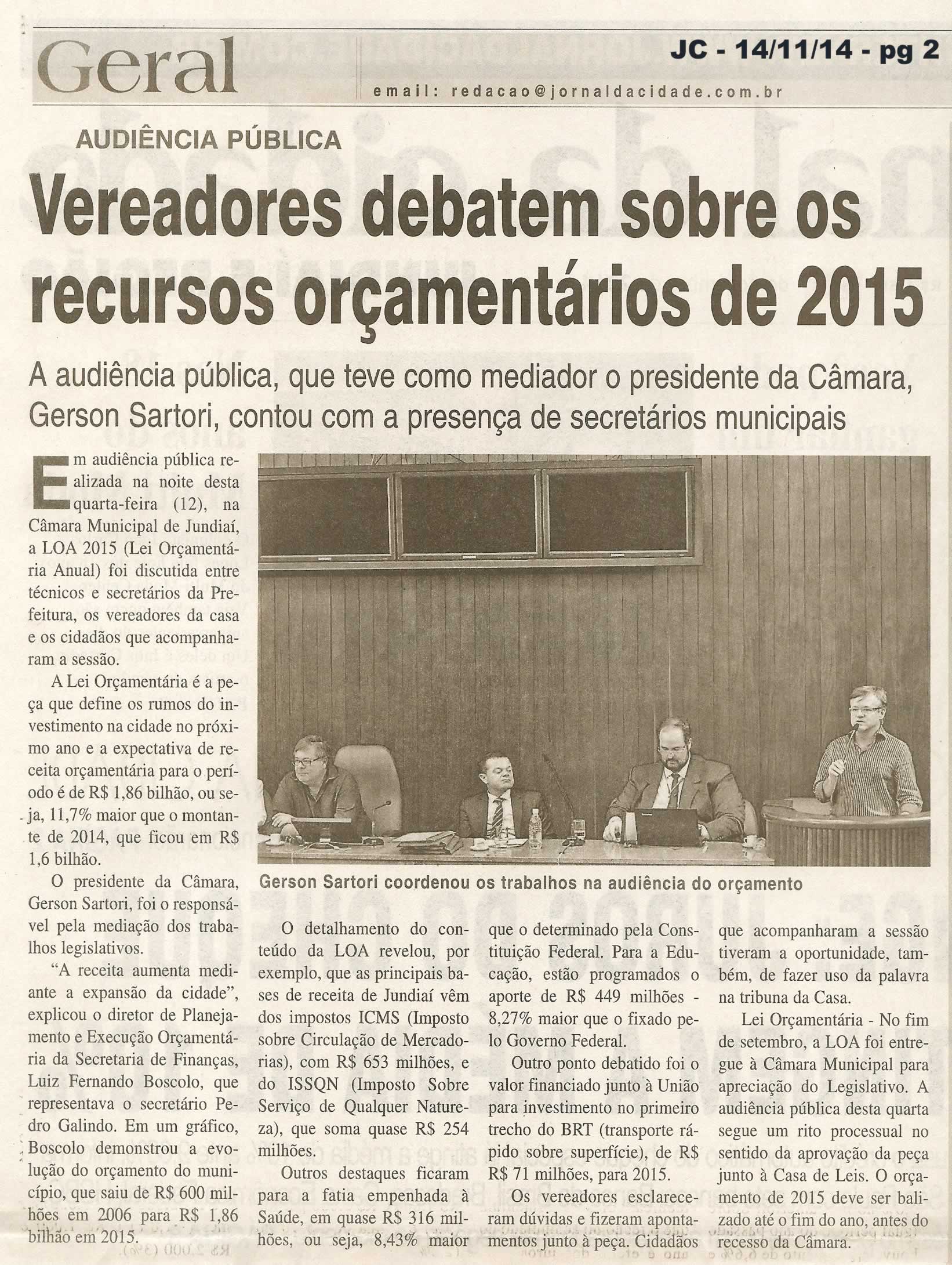 JC - 14/11/14 - pg 2 - Vereadores debatem sobre os recursos orçamentários de 2015 -