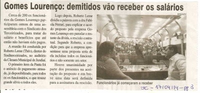 JC - 17/04/14 - pg 3 - Gomes Lourenço: demitidos vão receber os salários - 
