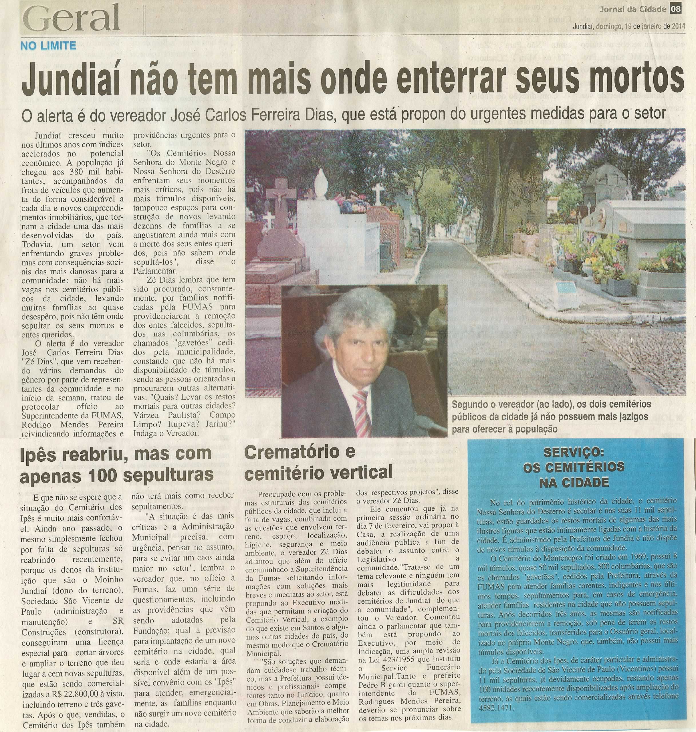 JC - 19/01/14 - pg 8 - Geral - Jundiaí não tem mais onde enterrar seus mortos -