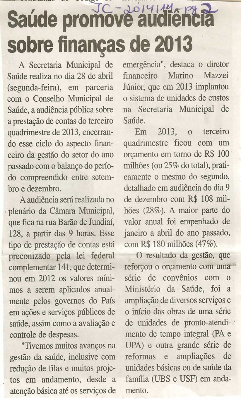 JC - 20/04/14 - pg 2 - Saúde promove audiência sobre finanças de 2013 -