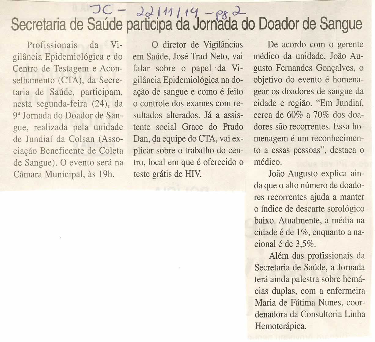 JC - 22/11/14 - pg 2 - Secretaria de Saúde participa da Jornada do Doador de Sangue -