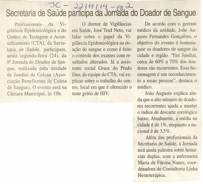 JC - 22/11/14 - pg 2 - Secretaria de Saúde participa da Jornada do Doador de Sangue -