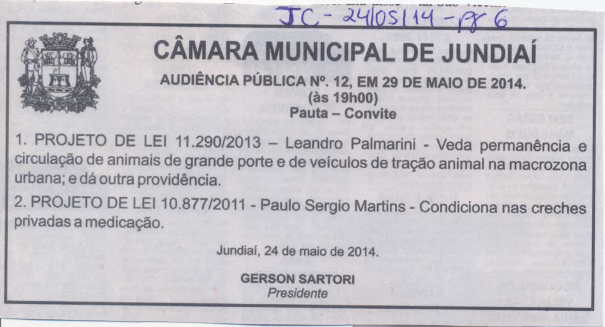 JC - 24/05/14 - pg 6 - Audiência Pública nº 12 da Câmara Municipal de Jundiaí -