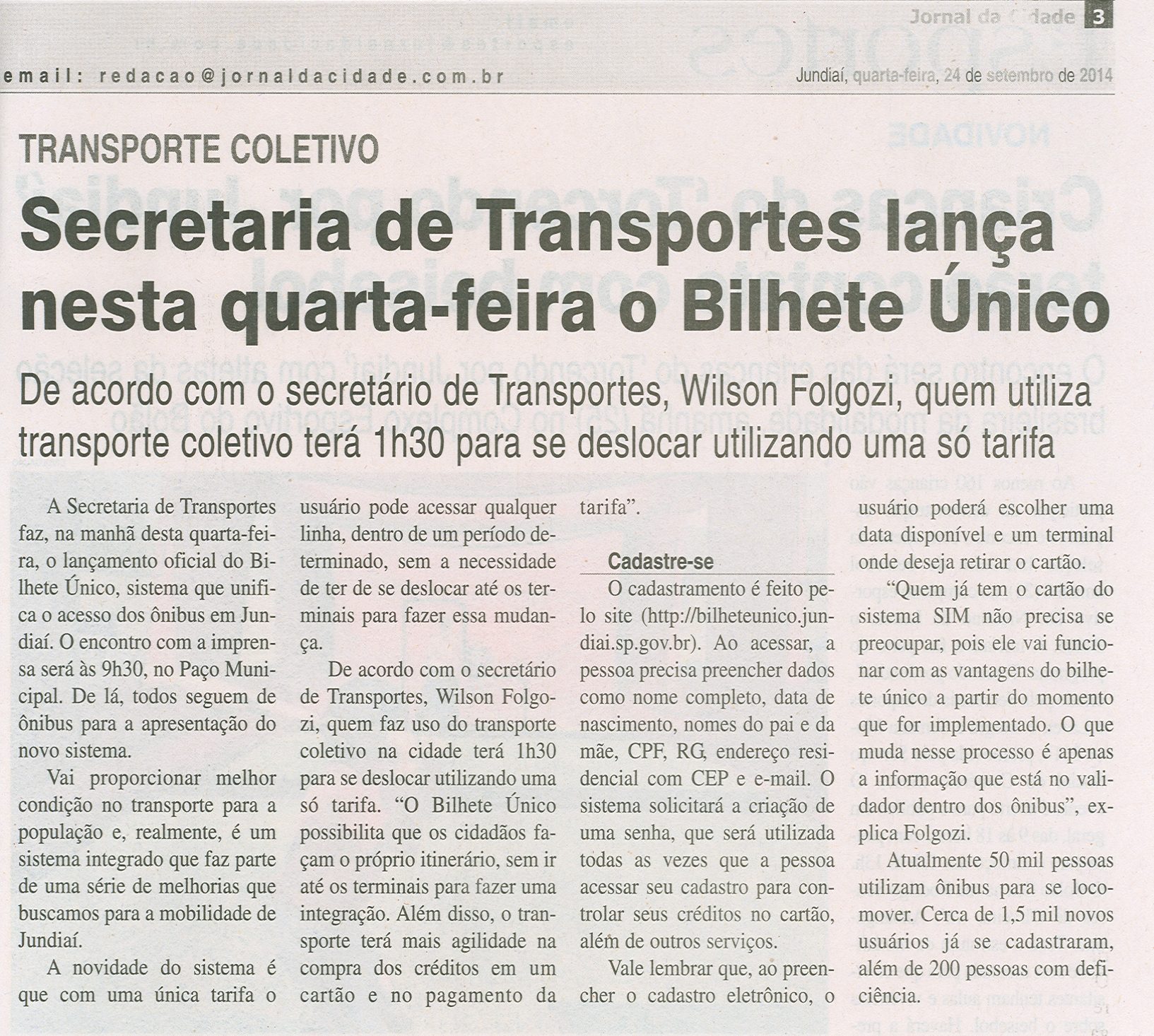 JC - 24/09/14 - pág 3 - Geral - Secretaria de Transportes lança nesta quarta-feira o Bilhete Único.