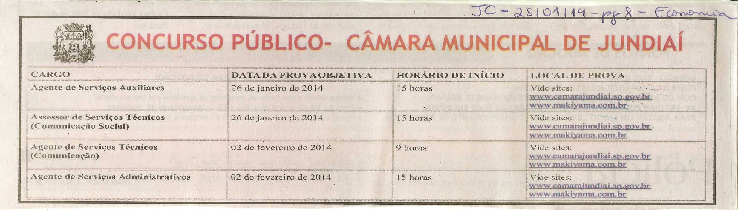 JC - 25/01/14 - pg 8 - Economia - Concurso Público Câmara Municipal de Jundiaí