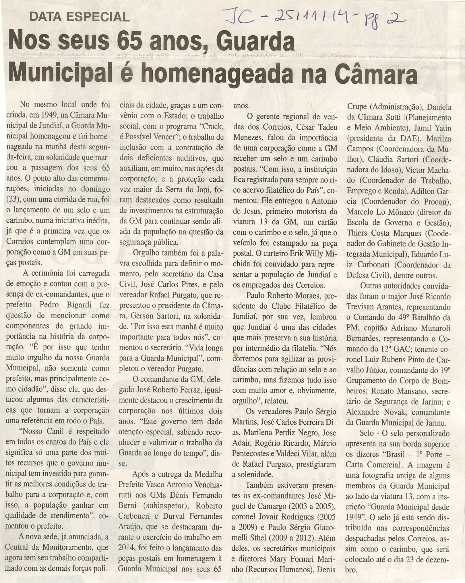 JC - 25/11/14 - pg 2 - Nos seus 65 anos, Guarda Municipal é homenageada na Câmara -
