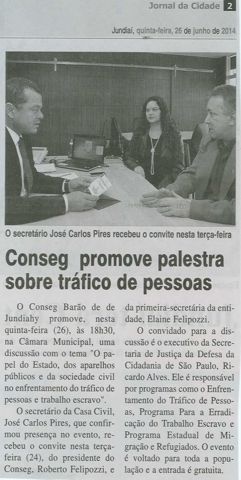 JC - 26/06/14 - pg 2 - Conseg promove palestra sobre tráfico de pessoas -