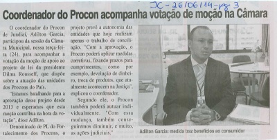 JC - 26/06/14 - pg 3 - Coordenador do procon acompanha votação de moção na Câmara - 