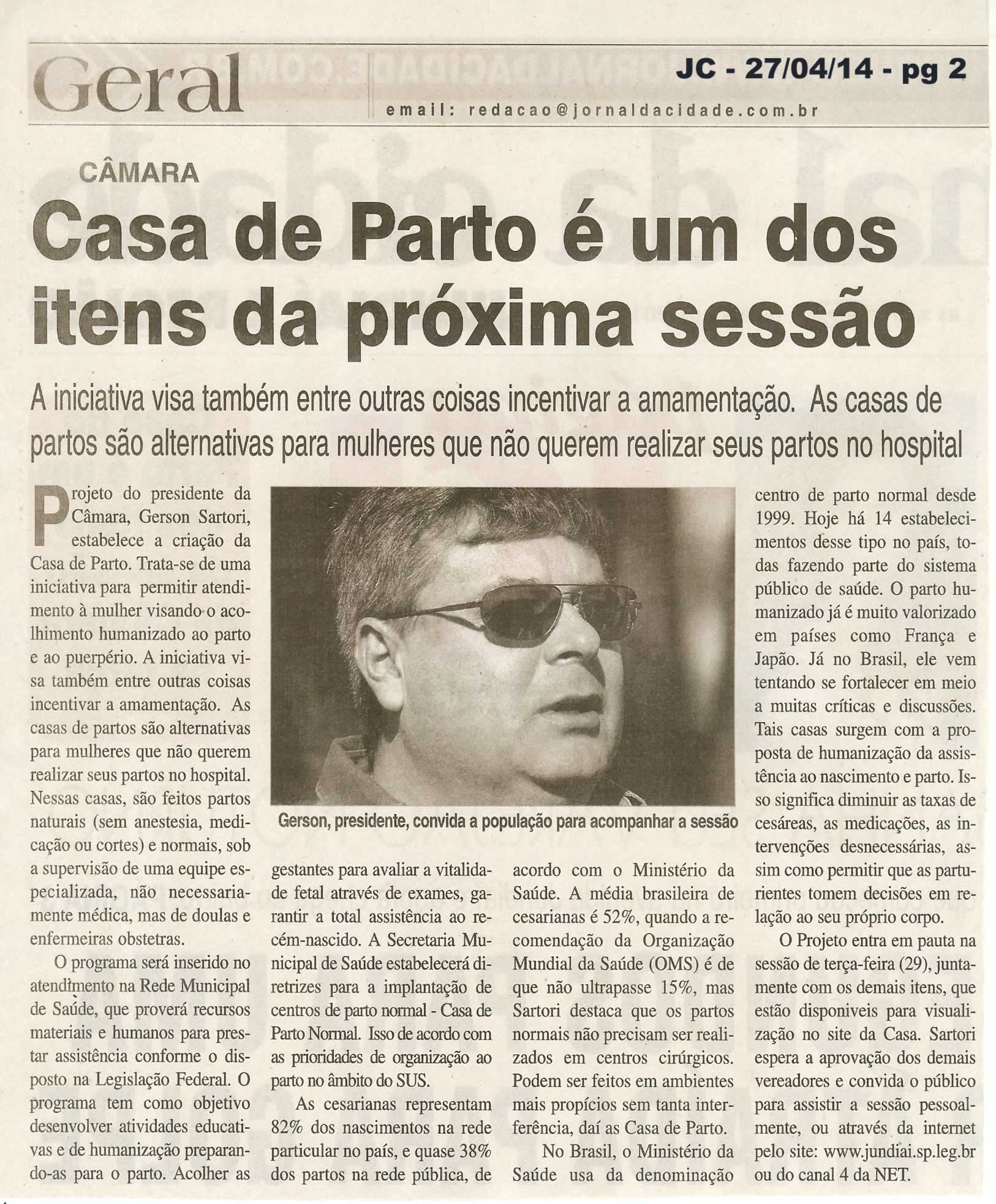 JC - 27/04/14 - pg 2 - Casa de parto é um dos itens da próxima sessão - 