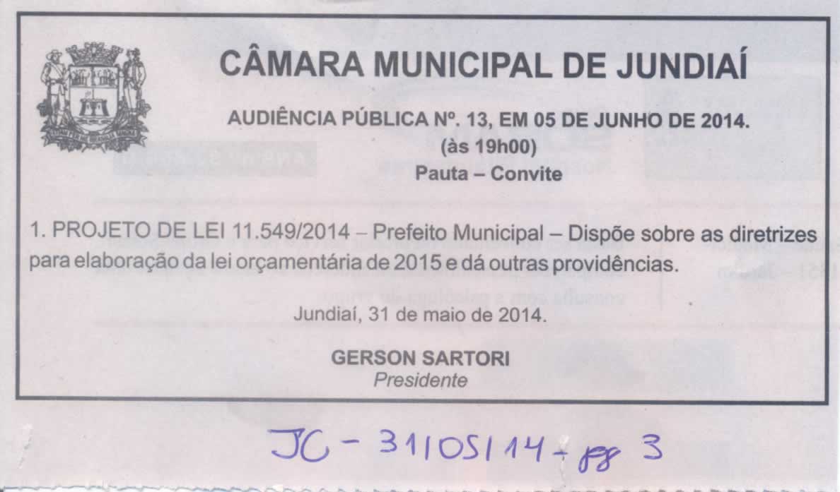 JC - 31/05/14 - pg 3  - Audiência Pública nº 13 da Câmara Municipal de Jundiaí 