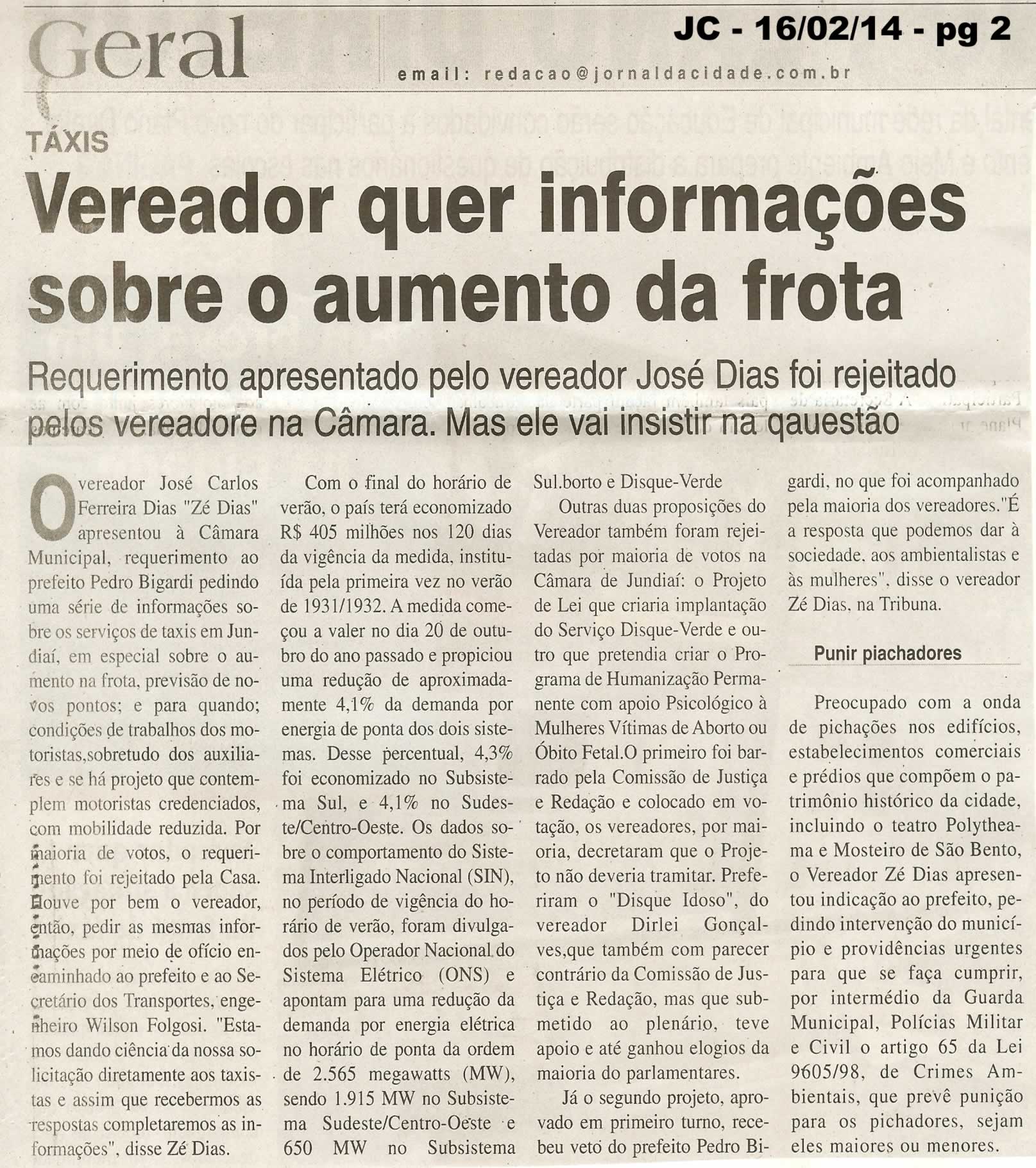 JC - 16/02/14 - Vereador quer informações sobre o aumento da frota -