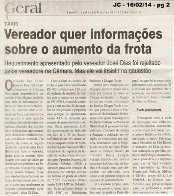 JC - 16/02/14 - Vereador quer informações sobre o aumento da frota -
