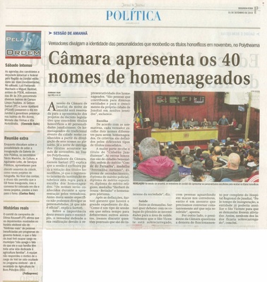 JJ - 01/09/14 - pág. 03 - Política - Pela Ordem - Câmara apresenta os 40 nomes de homenageados.