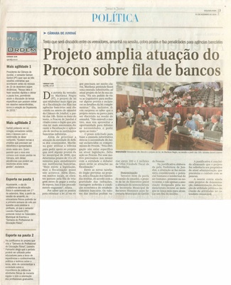 JJ - 01/12/14 - pg 3 - Política - Projeto amplia atuação do procon sobre fila de bancos - 