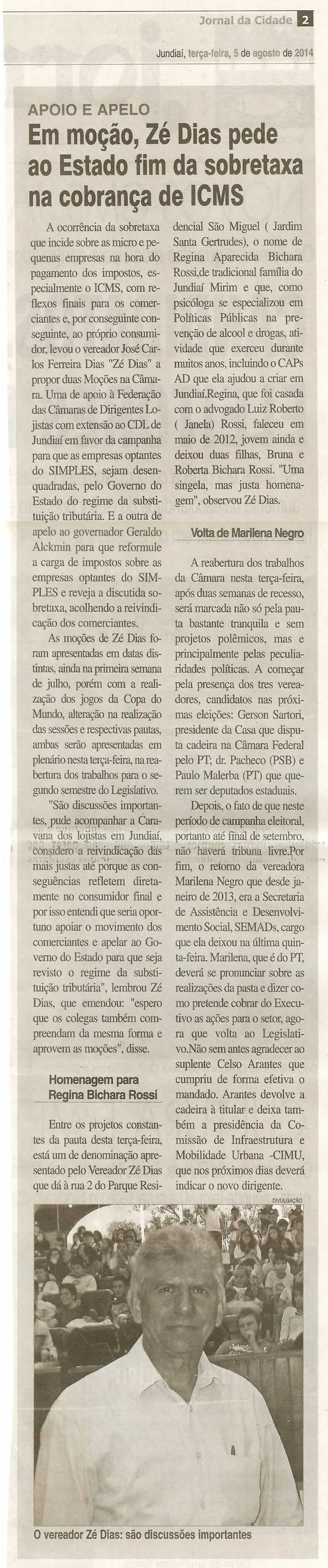 JJ - 05/08/14 - pg 2 - Em moção, Zé Dias pede ao Estado fim da sobretaxa na cobrança de ICMS -