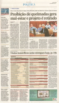 JJ - 05/11/14 - pg 3 - Política - Proibição de queimadas gera mal-estar e projeto é retirado - Títulos honoríficos serão entregues hoje às 19h -