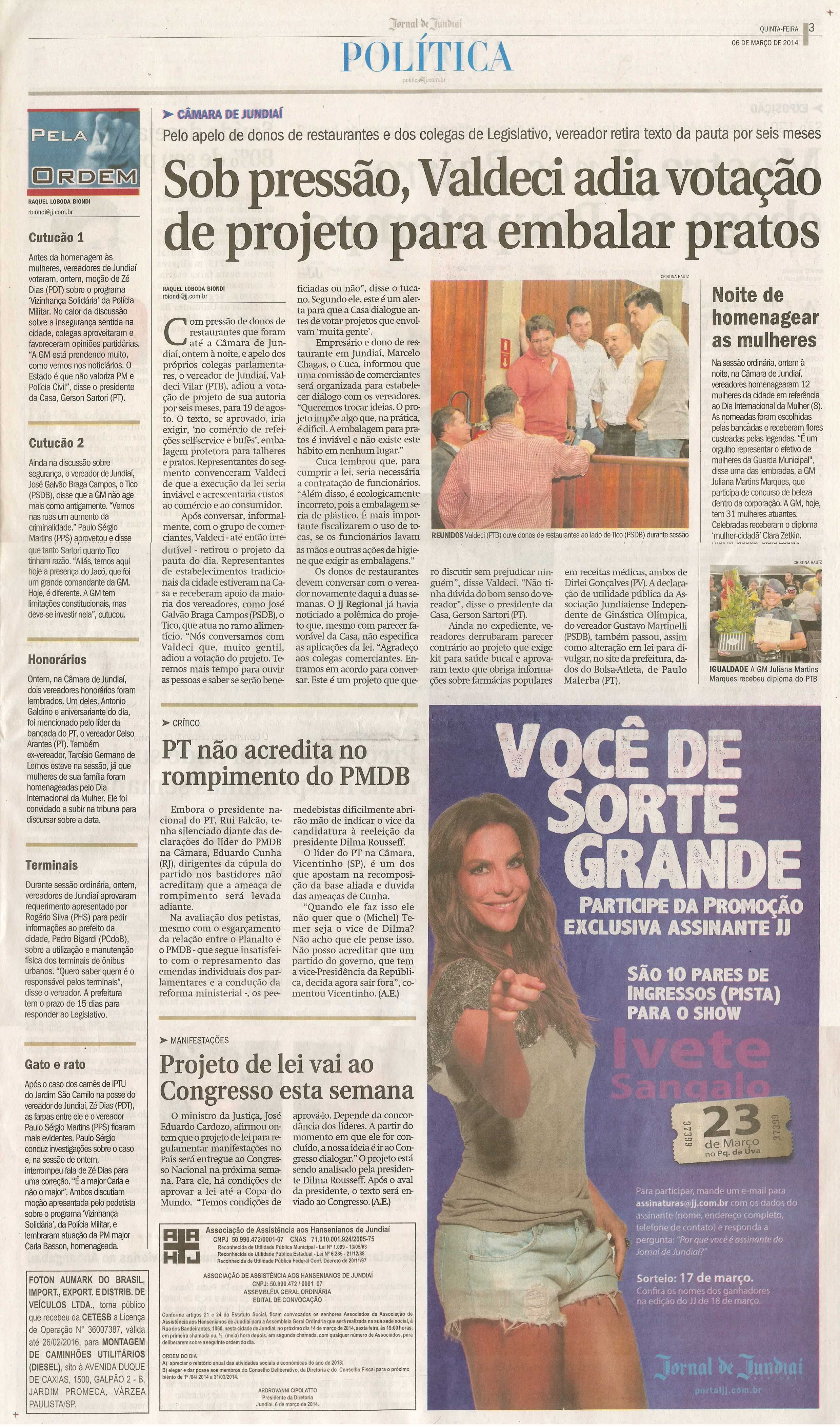 JJ - 06/03/14 - pg 3 - Política - Sob pressão, Valdeci adia votação de projeto para embalar pratos -