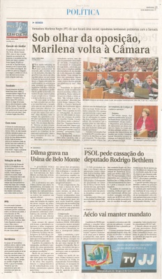 JJ - 06/08/14 - pg 3 - Política - Sob olhar da oposição, Marilena volta à Câmara  -