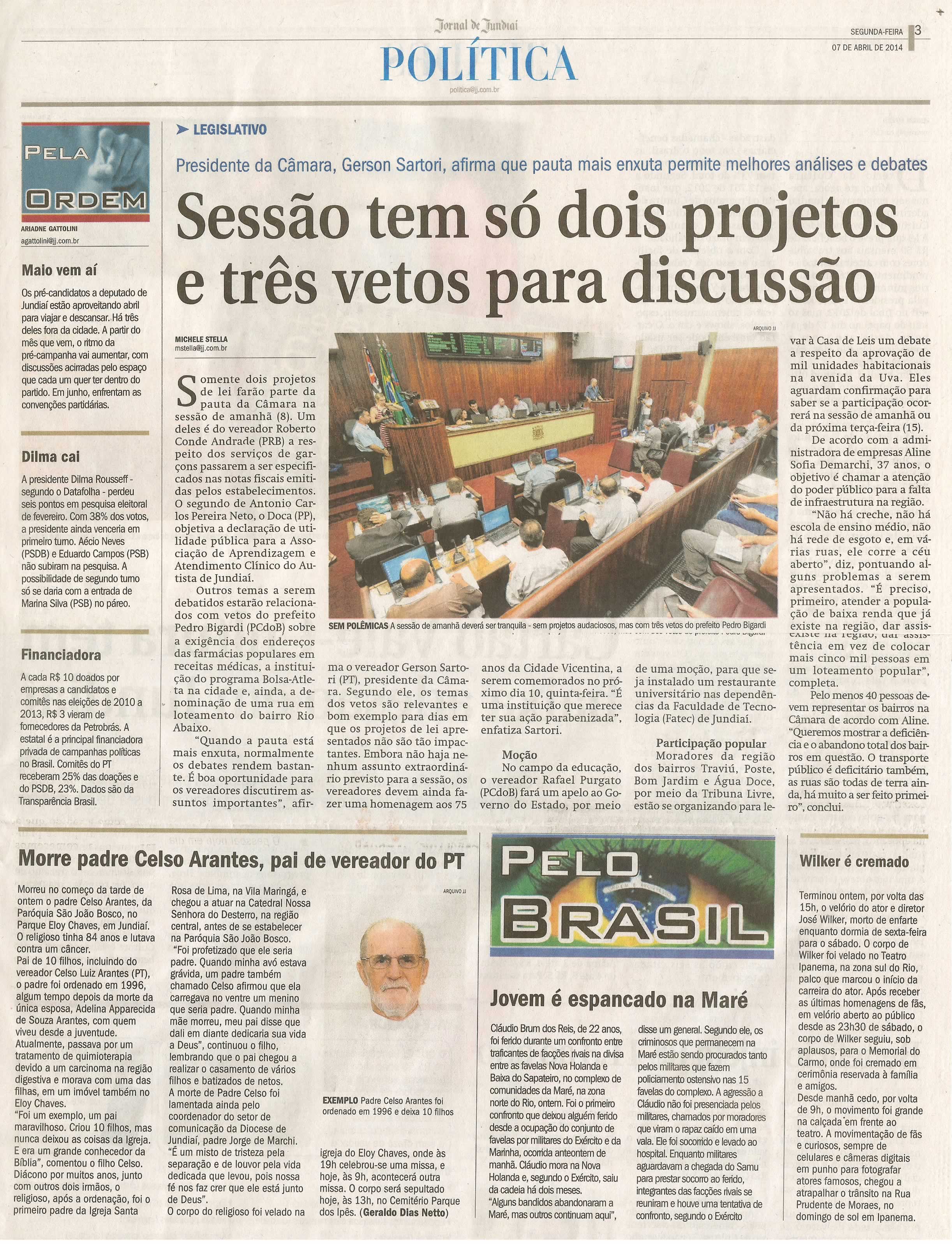 JJ - 07/04/14 - pg 3 - Política - Sessão tem só dois projetos e três vetos para discussão - 