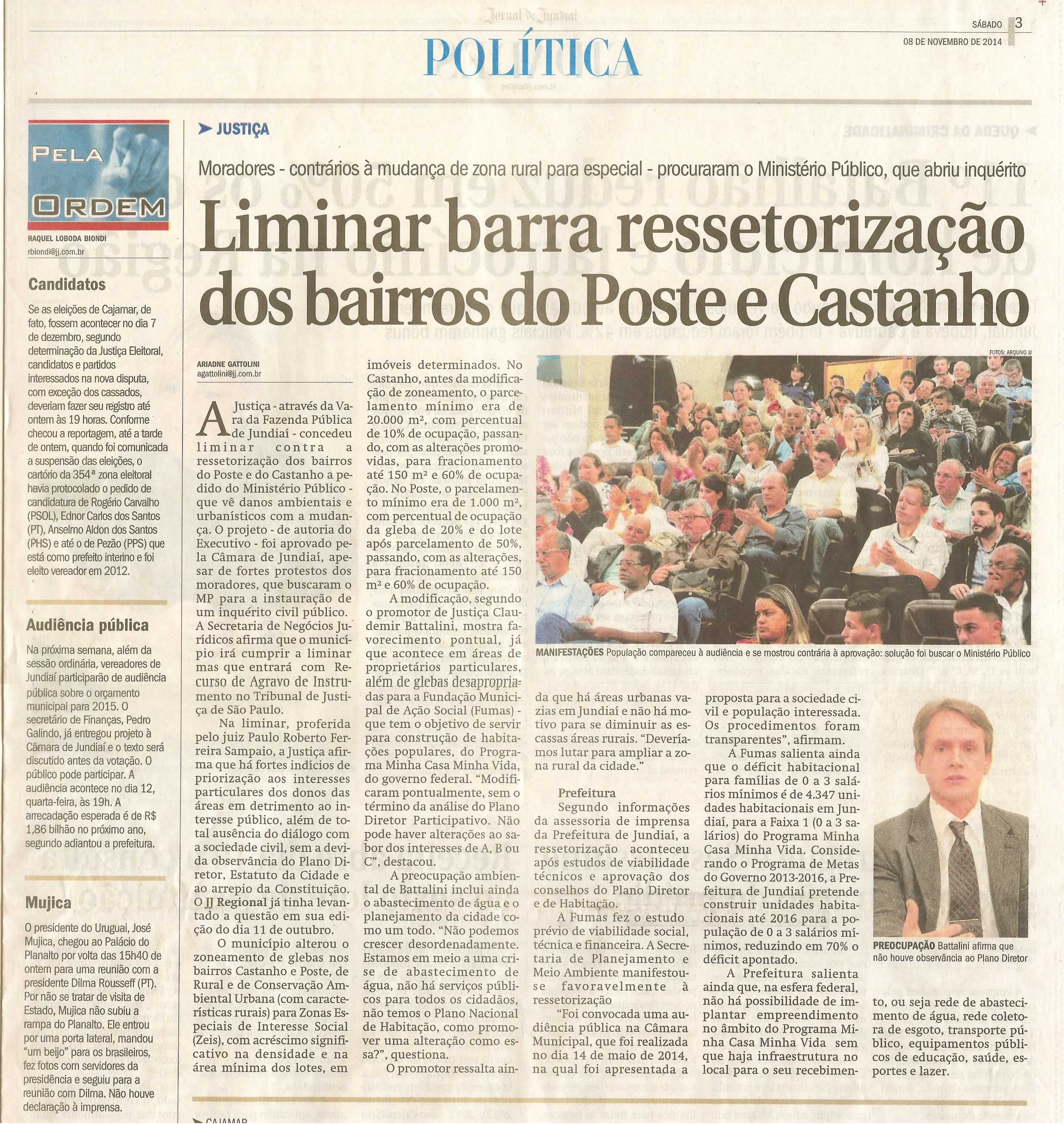 JJ - 08/11/14 - pg 3 - Política - Liminar barra ressetorização dos bairros do Poste e Castanho - 