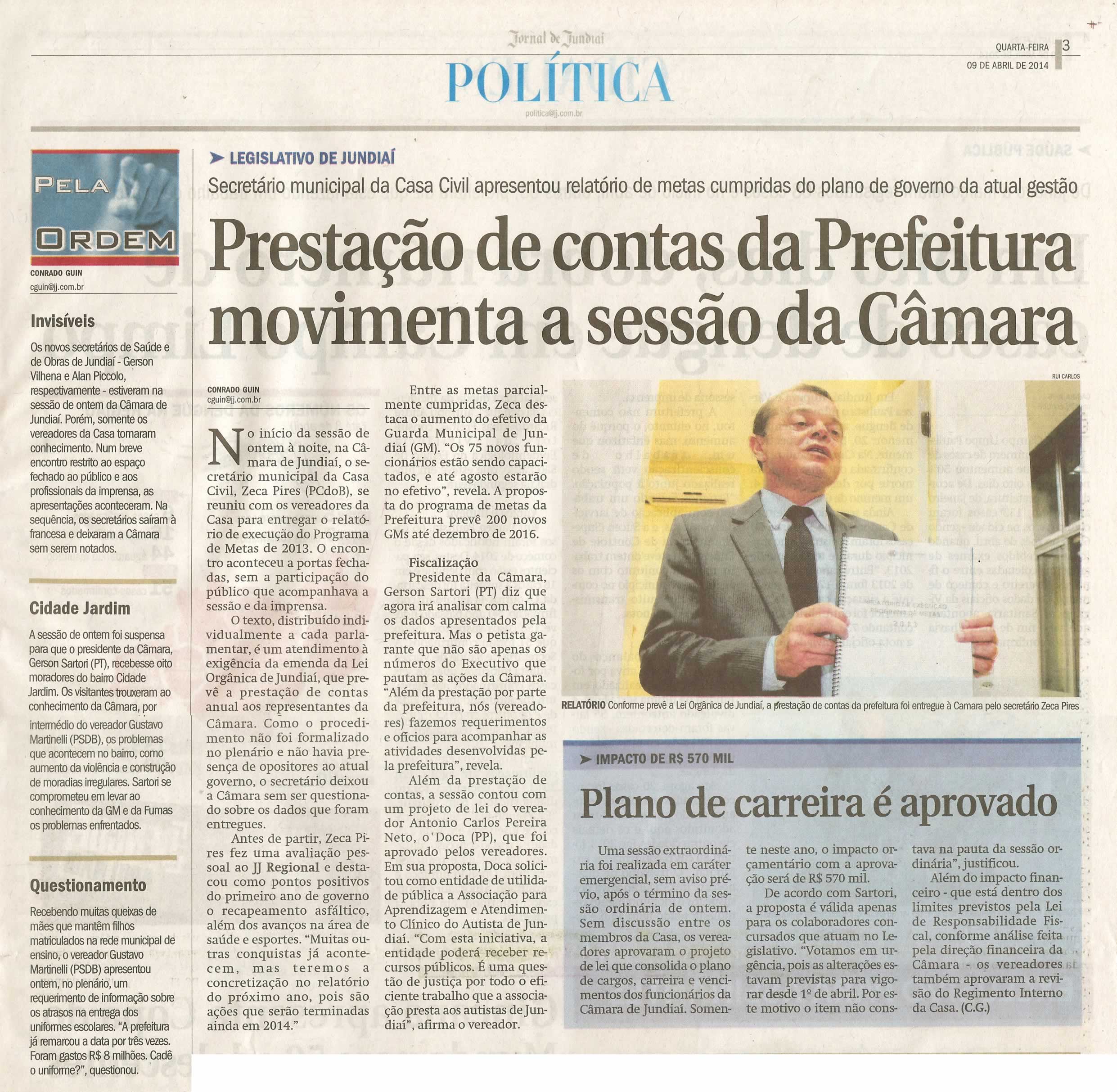 JJ - 09/04/14 - pg 3 - Política - Prestação de contas da Prefeitura movimenta a sessão da Câmara -  Plano de carreira é aprovado - 