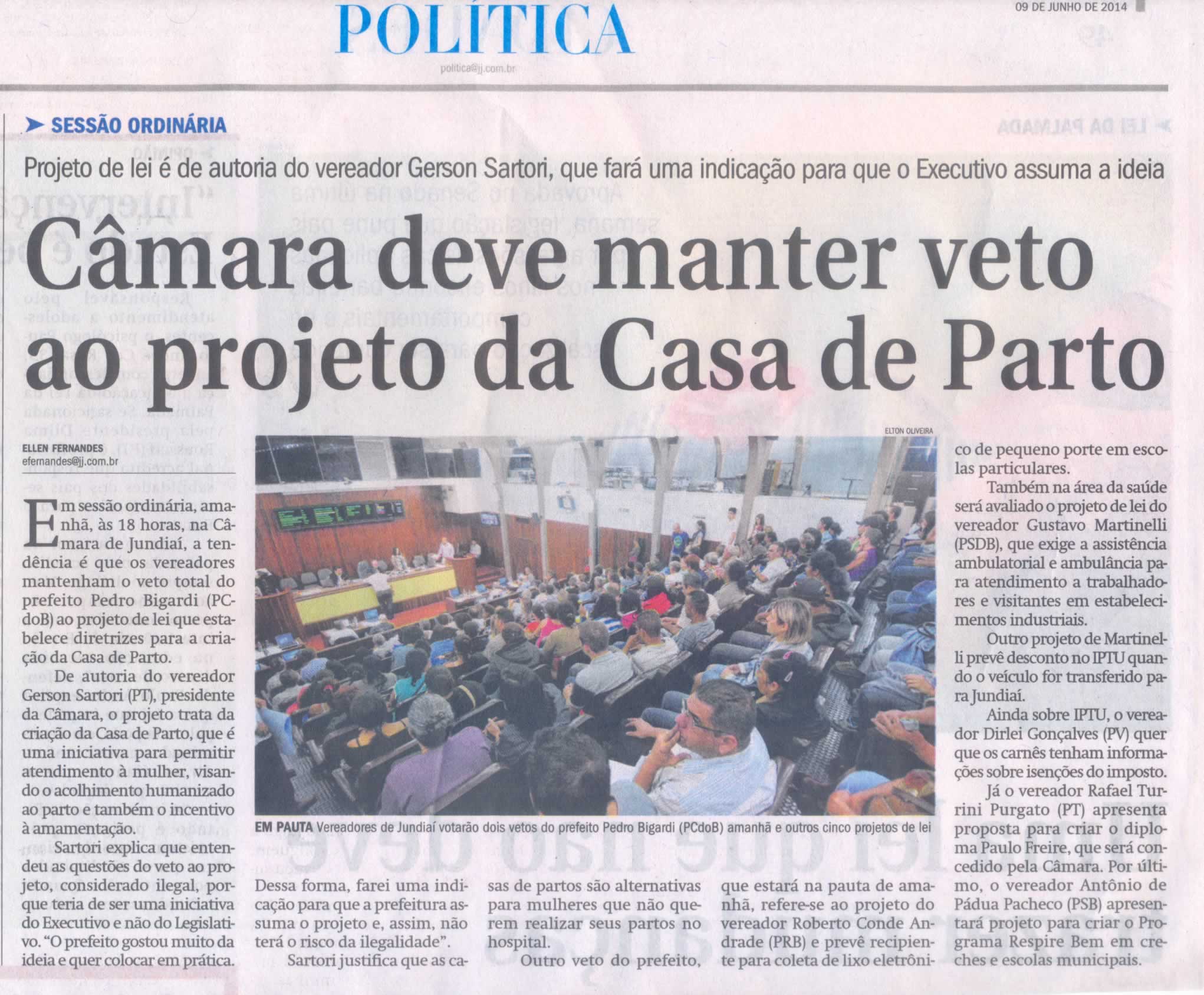 JJ - 09/06/14 - pg 3 - Política - Câmara deve manter veto ao projeto da casa de parto -