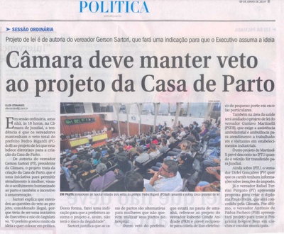 JJ - 09/06/14 - pg 3 - Política - Câmara deve manter veto ao projeto da casa de parto -
