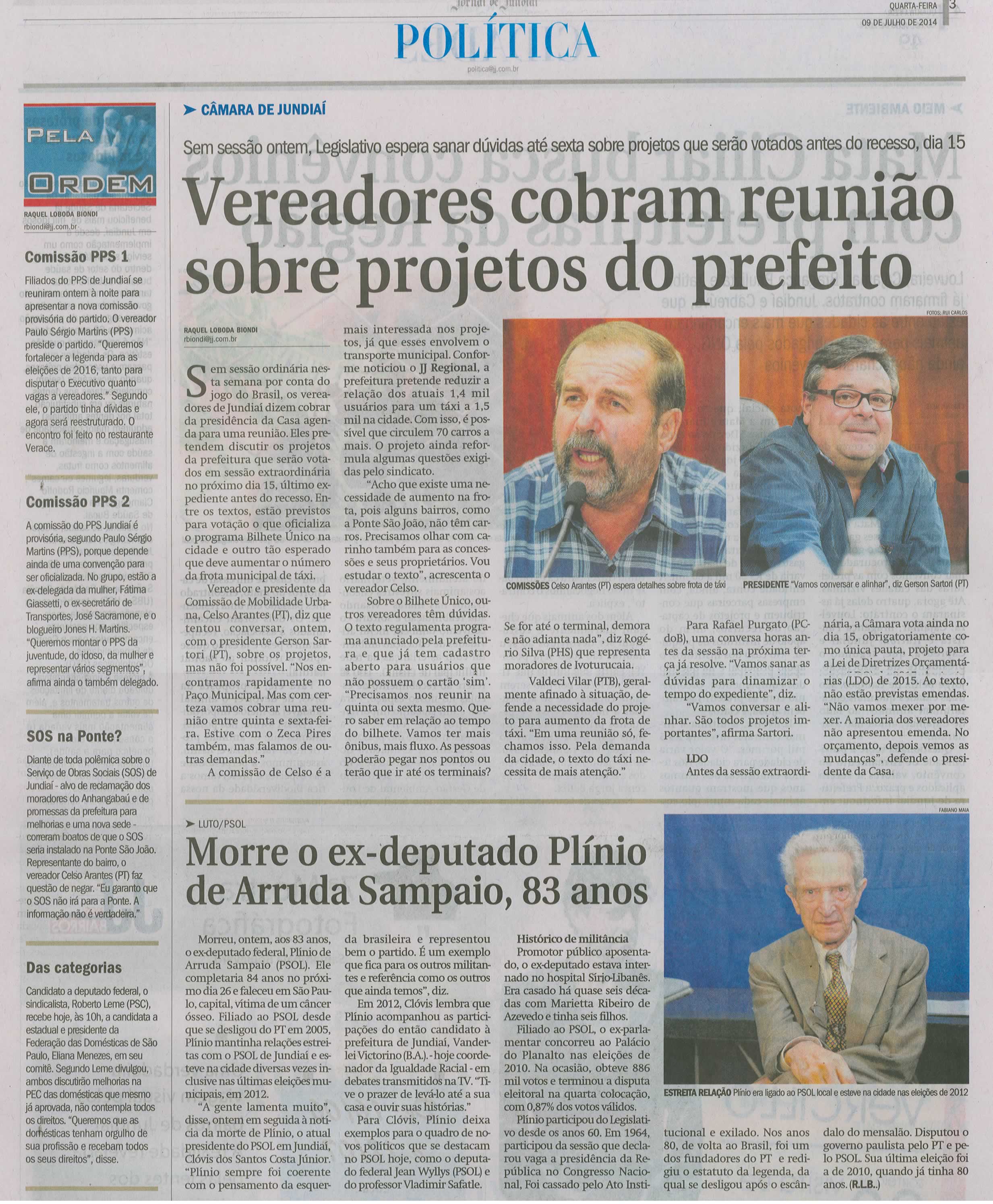 JJ - 09/07/14 - pg 3 - Política - Vereadores cobram reunião sobre projetos do prefeito - 