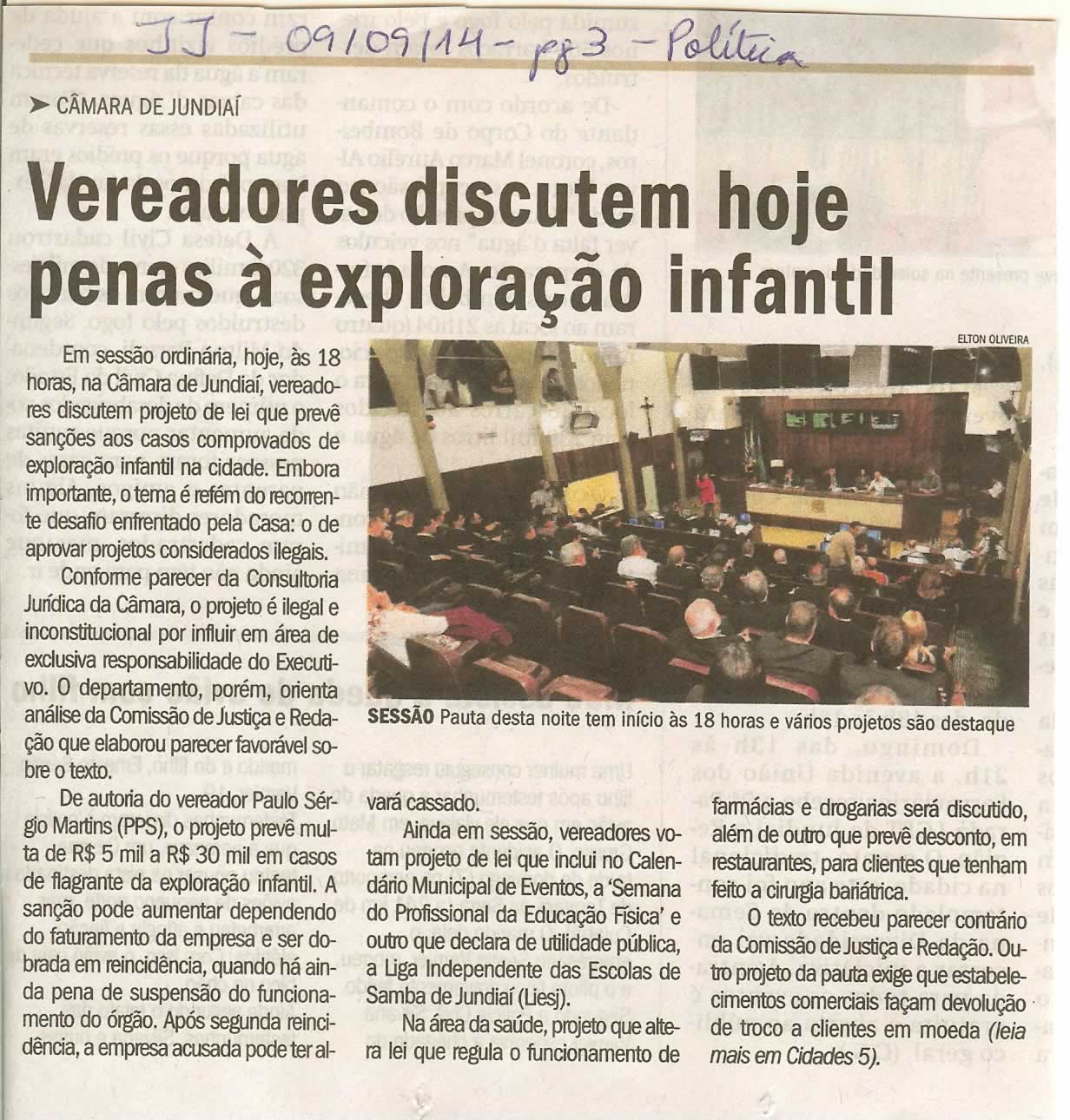 JJ - 09/09/14 - pág. 03 - Política - Vereadores discutem hoje pena à exploração infantil.