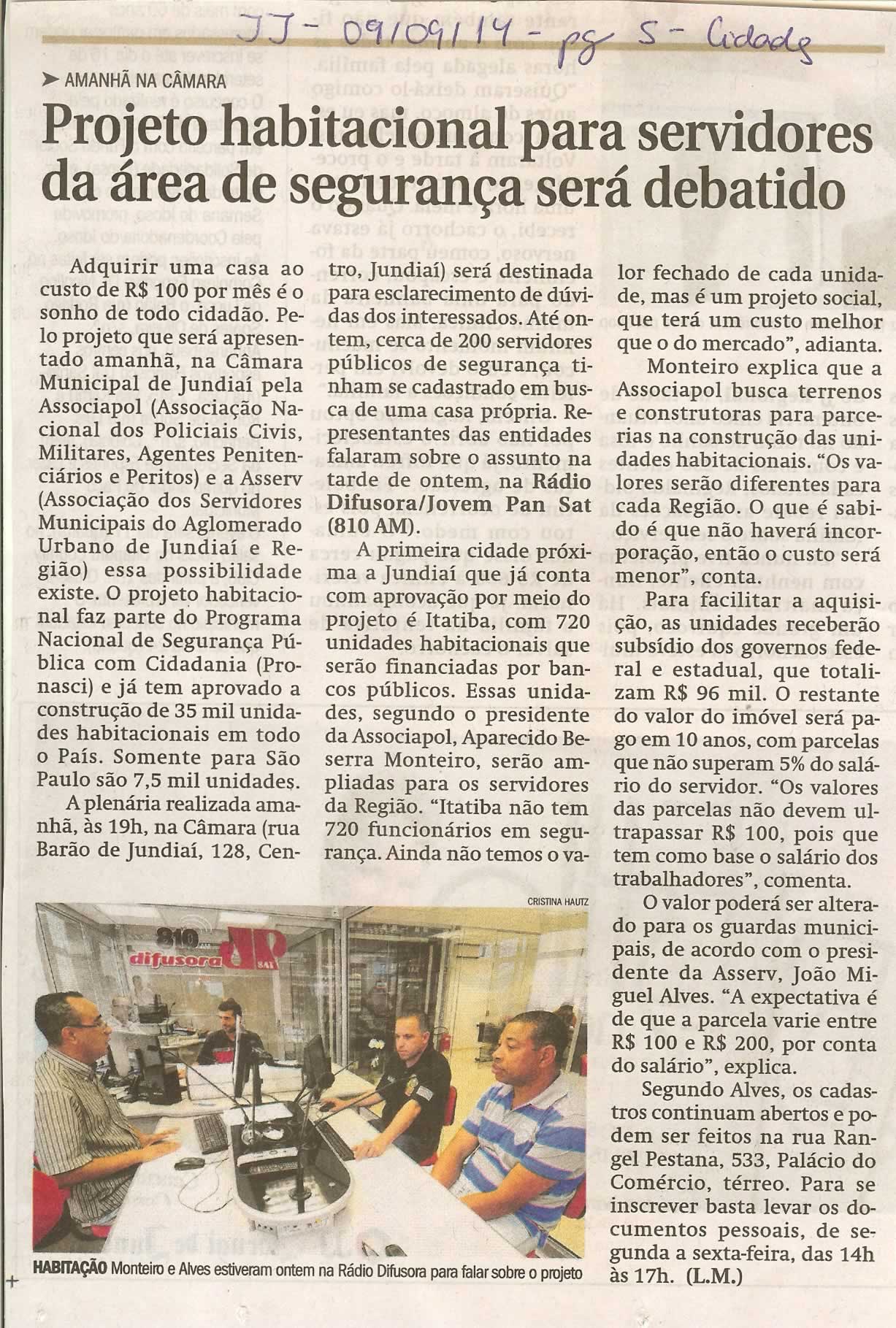 JJ - 09/09/14 - pág. 05 - Cidades - Projeto habitacional para servidores da área de  segurança será debatido.