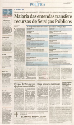 JJ - 09/12/14 - pg 3 - Política - Maioria das emendas transfere recursos de serviços públicos -