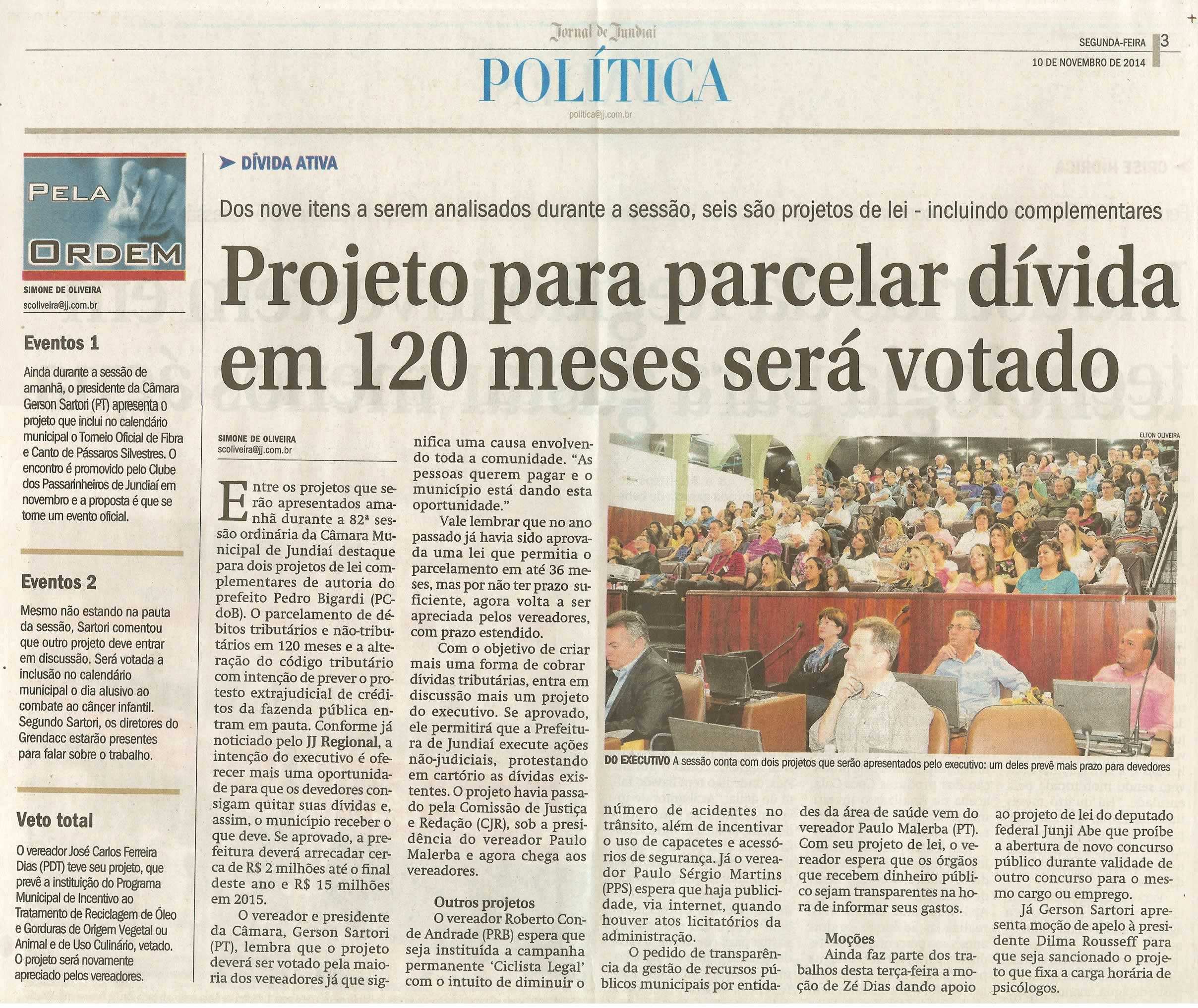 JJ - 10/11/14 - pg 3 - Política - Projeto para parcelar dívida em 120 meses será votado -