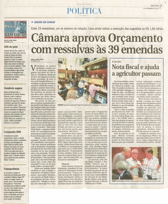 JJ - 10/12/14 - pg 3 - Política - Câmara aprova orçamento com ressalvas às 39 emendas - Nota fiscal e ajuda a agricultor passam -