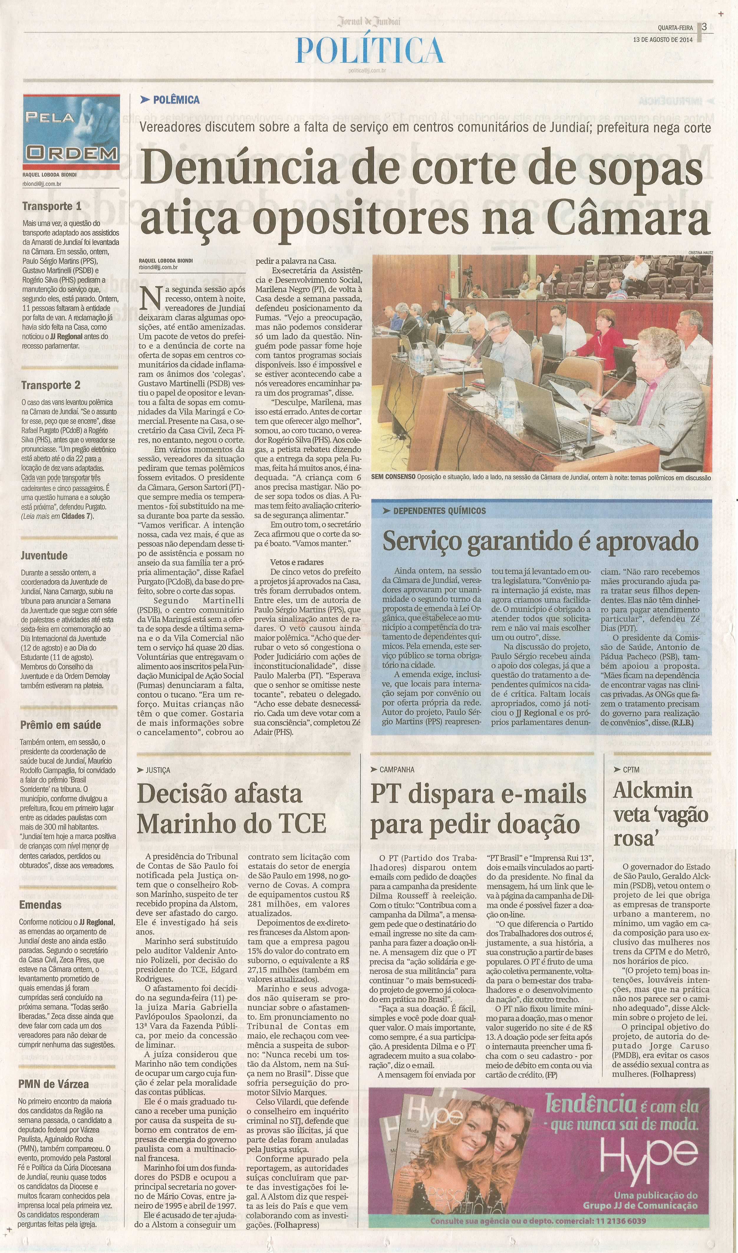 JJ - 13/08/14 - pg 3 - Política - Denúncia de corte de sopas atiça opositores na câmara - 