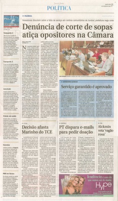 JJ - 13/08/14 - pg 3 - Política - Denúncia de corte de sopas atiça opositores na câmara - 