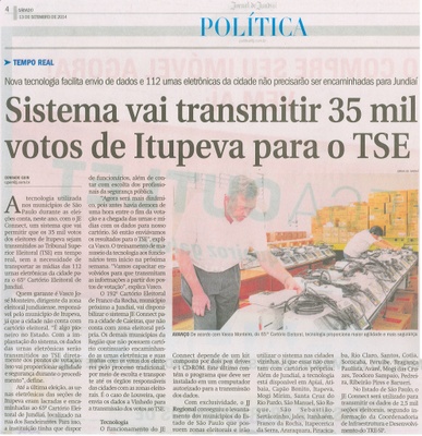 JJ - 13/09/14 - pág. 04 - Política - Sistema vai transmitir 35 mil votos de Itupeva para o TSE.