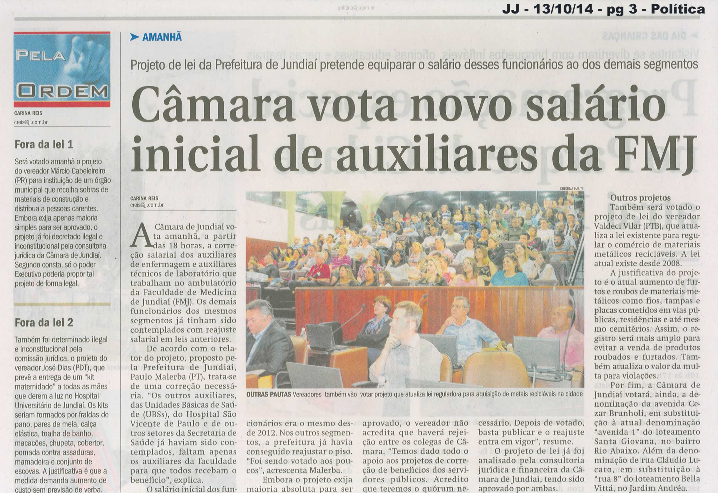 JJ - 13/10/14 - pg 3 - Política - Câmara vota novo salário inicial de auxiliares da FMJ - 