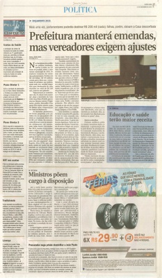 JJ - 13/11/14 - pg 3 - Política - Prefeitura manterá emendas, mas vereadores exigem ajustes - Educação e saúe terão mais receita -