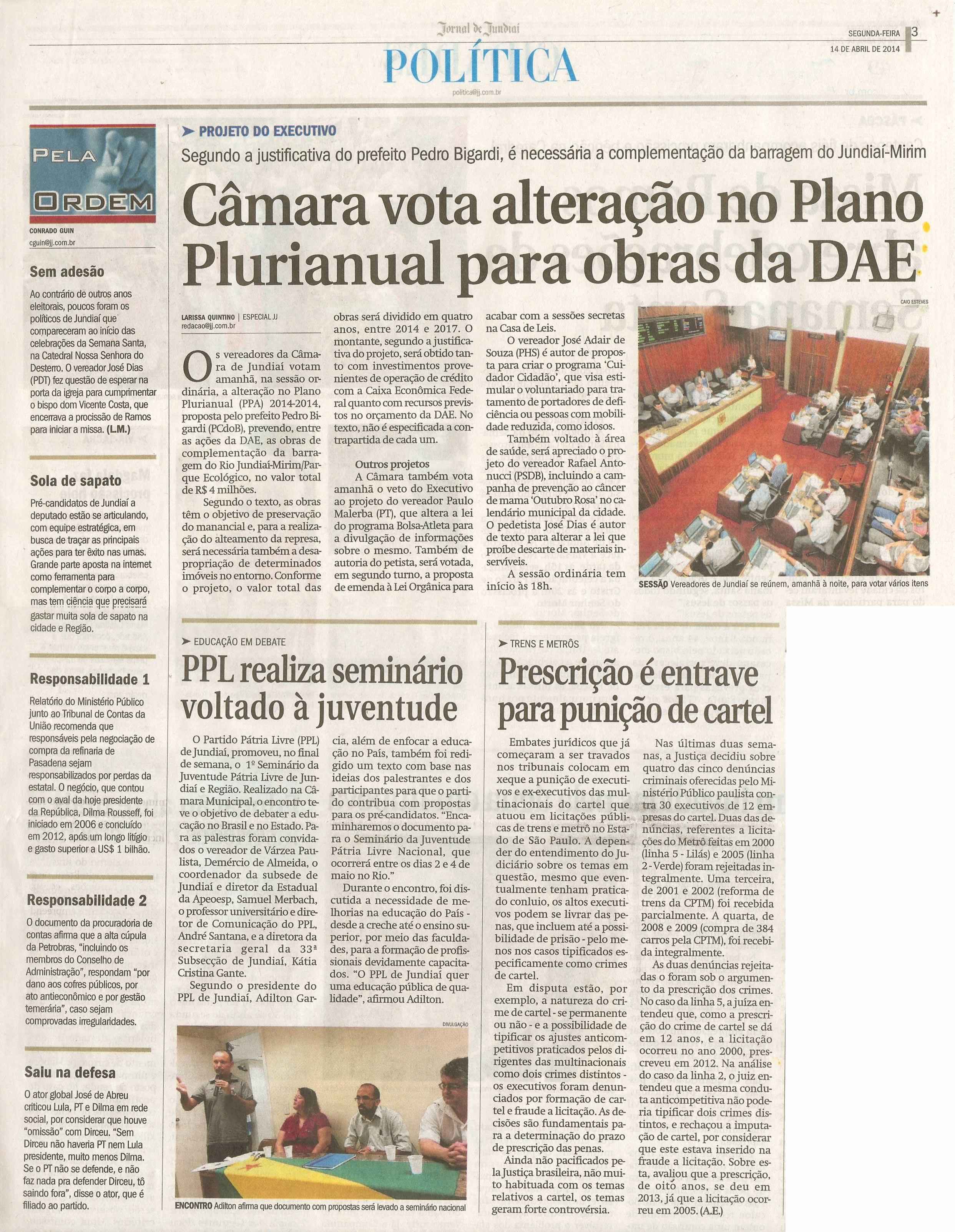 JJ - 14/04/14 - pg 3 - Política - Câmara vota alteração no Plano Plurianual para obras da DAE -