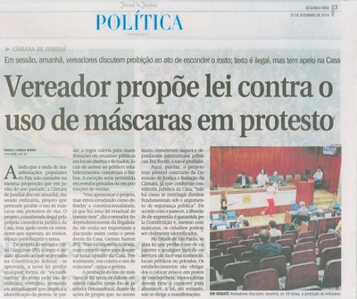JJ - 15/09/14 - pág. 03 - Política - Vereador propõe lei contra o uso de máscaras em protesto.