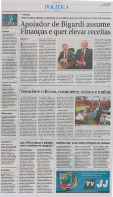 JJ - 16/06/14 - pg 3 - Política - Apoiador de Bigardi assume Finanças e que elevar receitas - Vereadores criticam, novamente, radares e multas -