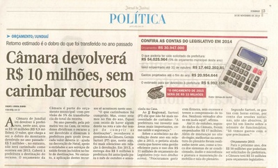 JJ - 16/11/14 - pg 3 - Política - Câmara devolverá R$ 10 milhões, sem carimbar recursos -