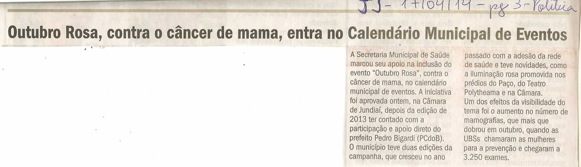 JJ - 17/04/14 - pg 4Outubro Rosa, contra o cancer de mama, entra no Calendário Municipal de Eventos - - Política - 