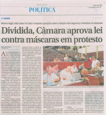 JJ - 17/09/14 - pág. 03 - Política - Dividida, câmara aprova lei contra máscaras em protesto.