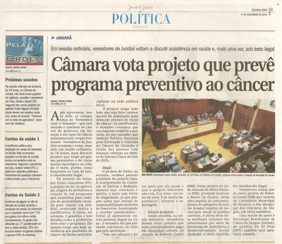JJ - 17/11/14 - pg 3 - Política - Câmara vota projeto que prevê programa preventivo ao câncer -