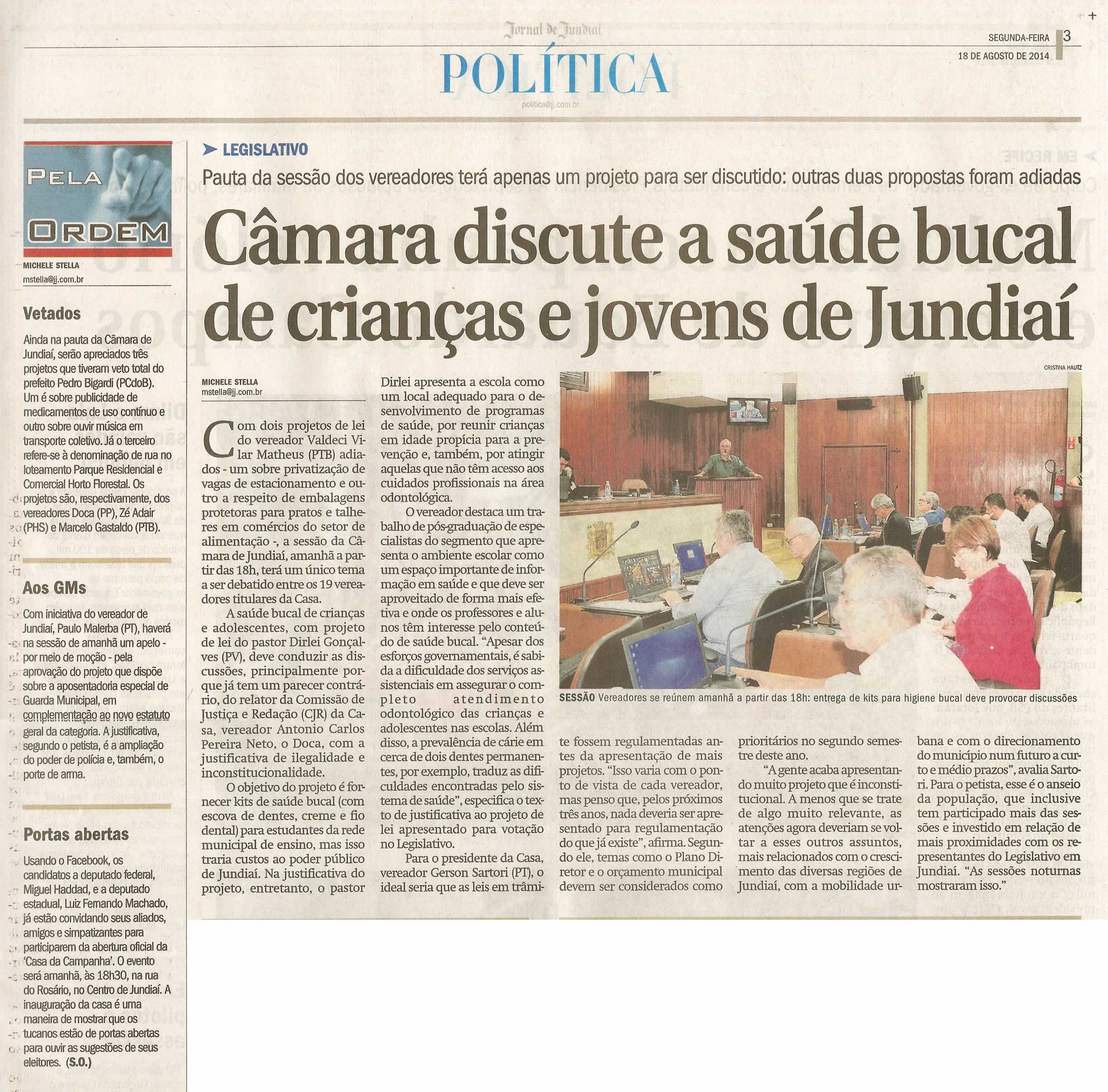 JJ - 18/08/14 - pg 3 - Política - Câmara discute a saúde bucal de crianças e jovens de Jundiaí - 