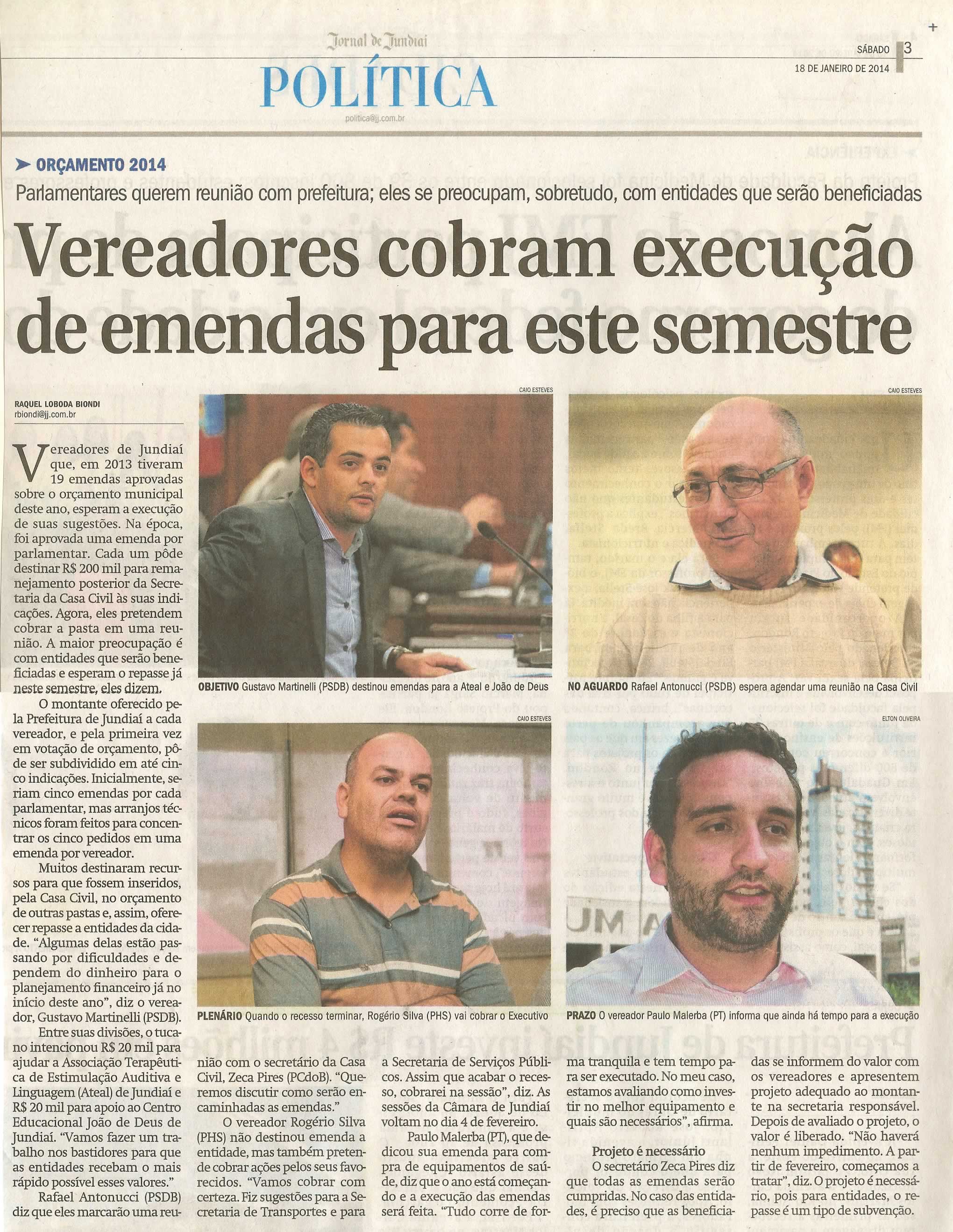 JJ - 18/12/14 - pg 3 - Política - Vereadores cobram execução de emendas para este semestre -