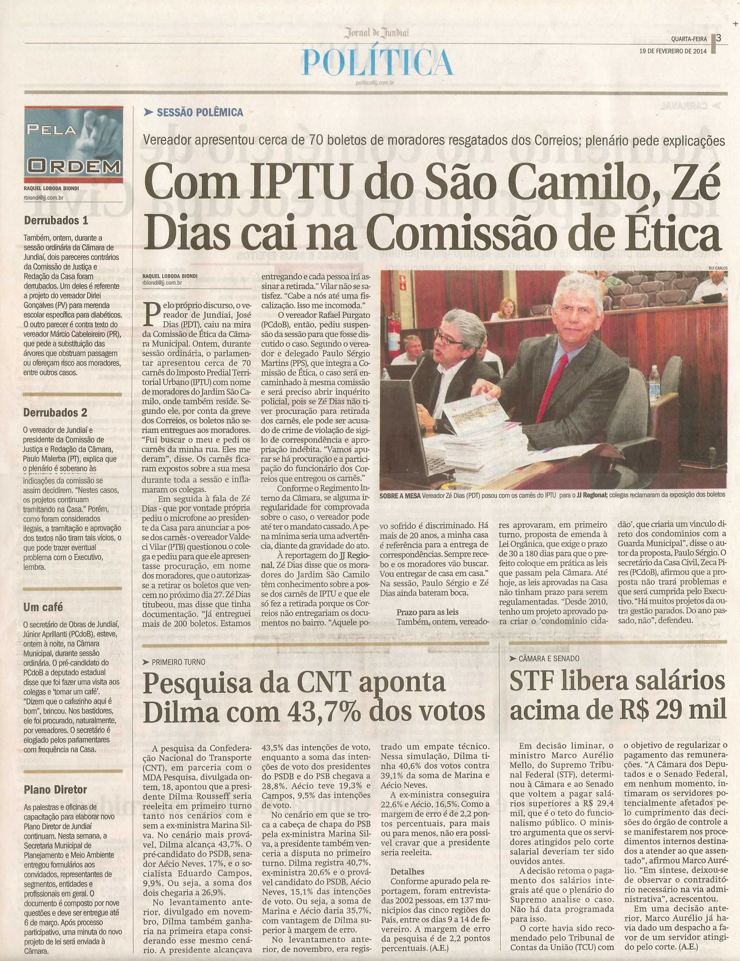 JJ - 19/02/14 - pg 3 - Política - Com IPTU do São Camilo, Zé Dias cai na Comissão de Ética -